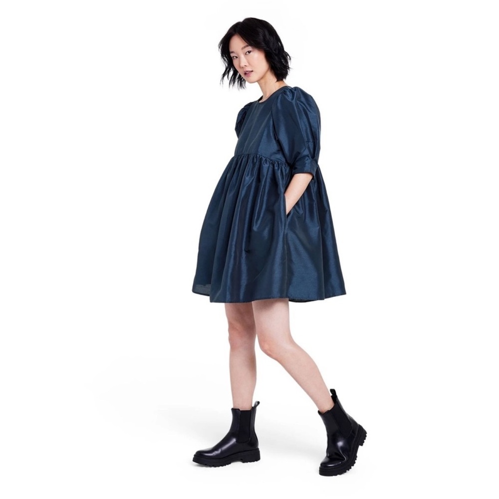NWT Kika Vargas x Target Dress Size XS Textured Puff Sleeve Mini Navy Blue